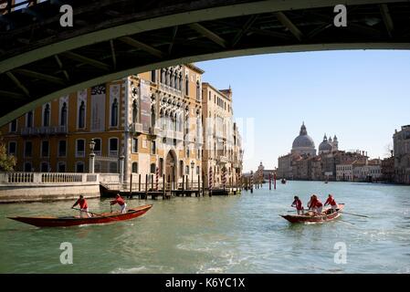 Italy, Veneto, Venice, listed as World Heritage by UNESCO, training of rowers for the Regata Storica on the Grand Canal (Canal Grande) under the Ponte dell'Accademia bridge, Basilica of Saint Mary of Health (Basilica di Santa Maria della Salute) in the background Stock Photo