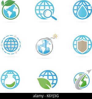 Set of world logo combination. Planet and earth symbol or icon. Unique global and network logotype design template. Stock Vector