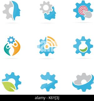 Set of gear logo combination. Mechanic and technology symbol or icon. Unique factory and industrial logotype design template. Stock Vector