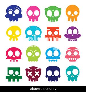 Halloween vector cartoon skull icons, Mexican cute sugar skulls design set, Dia de los Muertos Stock Vector