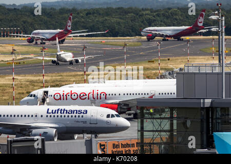 DŸsseldorf International Airport, Germany, Airberlin planes on taxiway and take off, Stock Photo