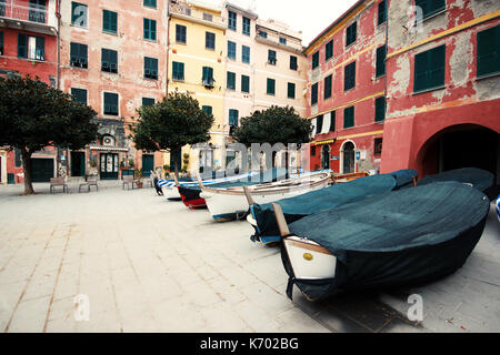 small boats in the towns square, Le Cinque Terre, Liguria, Italy Stock Photo