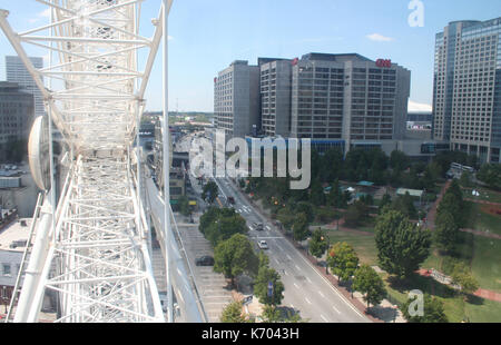 View of downtown Atlanta, Georgia, from inside the Skyview Ferris Wheel on August 28, 2014 Stock Photo