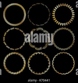 Golden cute round frame. Vector wreath with herbs and leaves. Stock Vector