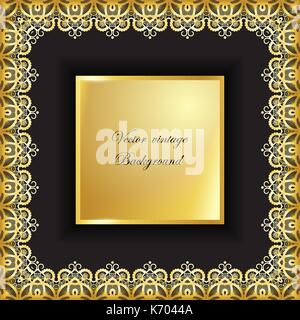 Abstract golden square lace frame with paper swirls. Stock Vector
