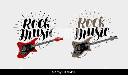 Rock music lettering. Guitar, musical string instrument symbol. Vector illustration Stock Vector