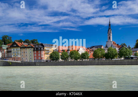 Townscape with Isar and Parish Church of the Assumption, Bad Toelz, Upper Bavaria, Bavaria, Germany, Europe Stock Photo