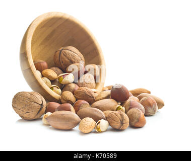 Different types of nuts in the nutshell. Hazelnuts, walnuts, almonds, pecan nuts and pistachio nuts isolated on white background. Stock Photo