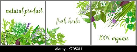 Wreath made of Realistic herbs and flowers with text. Herbs and Spices shop logo. For health care, invitations, greetings, design, label, banner, poster, advertising, Card, packing, wrapping, tag Stock Vector