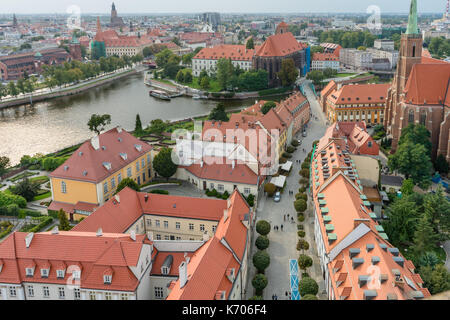 Aerial view of Ostrow Tumski over Katedralna street in Wroclaw in 2017, Poland Stock Photo