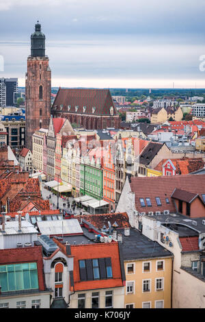 Aerial view of Wroclaw to the St Elizabeth Church at sunset in 2017, Wroclaw, Poland Stock Photo