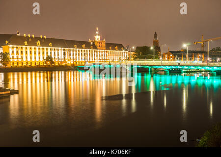 University of Wroclaw along the banks of the Oder River illuminated at night, Wroclaw, Poland Stock Photo