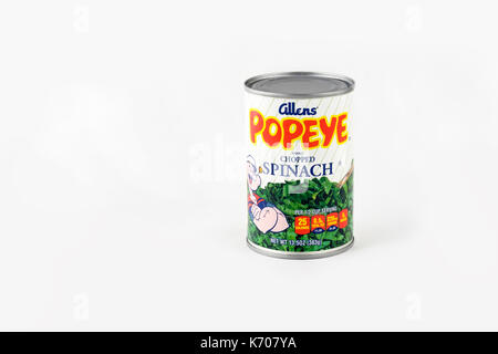 A can of Allens Popeye brand chopped spinach. Cutout, white background. Oklahoma, USA. Stock Photo