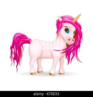 My lovely unicorn. A unicorn is pink in color on a white background. A horse with a pink mane and tail. Stock Vector