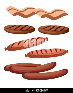 Gastronomic meat products in cartoon style. Vector icons steak , barbecue, lamb, chops, bacon, chorizo, sausage, chicken wings, chicken legs ham salam Stock Vector