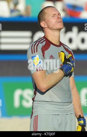 Moscow, Russia - July 13, 2014: Goalkeeper Andrey Bukhlitskiy of Russia sings the national anthem before the match with Spain during Moscow stage of E Stock Photo