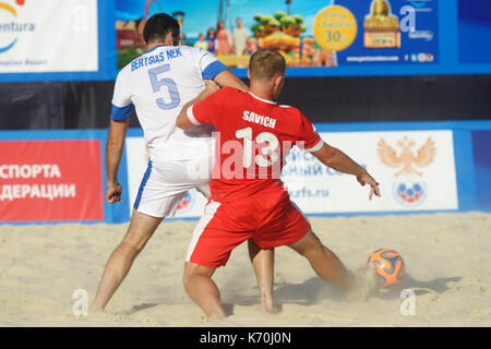 Moscow, Russia - July 13, 2014: Match Belarus vs Greece during Moscow stage of Euro Beach Soccer League. Belarus won 6-5 Stock Photo