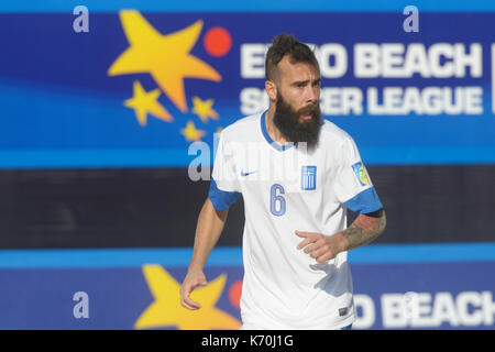 Moscow, Russia - July 13, 2014: Konstantinos Papastathopoulos of Greece in the match with Belarus during Moscow stage of Euro Beach Soccer League. Bel Stock Photo