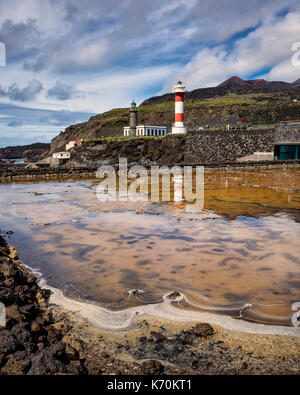 Salinas de Fuencaliente, La Palma. Canary Islands Spain.  The Fuencaliente salt evaporation ponds used to havest sea salt lie on the seashore.   Above the famous tourist attaction lighthouses and visitor centre reside on top of the coastline's cliffs.  This site marks the most southern end of La Palma. Stock Photo
