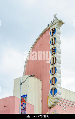 Fremont Theater marquee in San Luis Obispo, California; one of the last historic Streamline Moderne theaters built by architect S. Charles Lee. Stock Photo