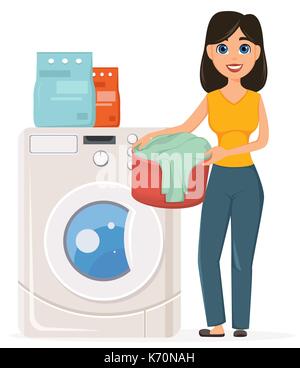 Housewife washes clothes in the washing machine. Pretty woman doing domestic work. Cartoon character. Vector illustration on white background Stock Vector