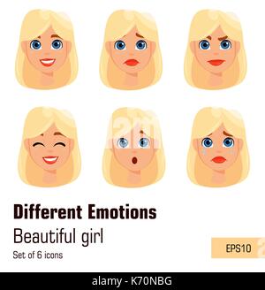 Blonde woman with different face expressions. Young attractive lady with various emotions. Cute businesswoman. Set of six vector illustrations. Stock Vector