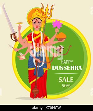 Happy Dussehra vector illustration for sale, shopping. Maa Durga on abstract green background for Hindu Festival. Stock Vector