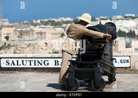 The noon cannon being prepared for firing at the Saluting Battery in Valletta, Malta. Stock Photo