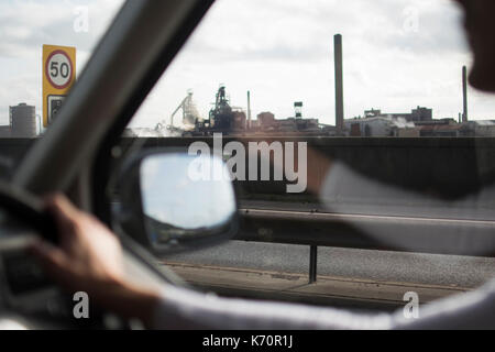 View of Port Talbot, through van window, from the M4. Harriet Baggley Stock Photo