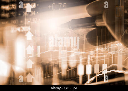 Index graph of stock market financial indicator analysis on LED. Abstract stock market data trade concept. Stock market financial data trade graph bac Stock Photo