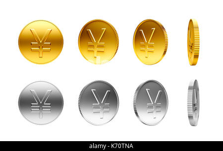 Gold and silver coins with Japanese Yen sign isolated on a white background Stock Photo