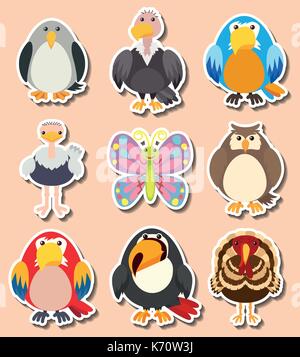Sticker design with different kinds of birds illustration Stock Vector