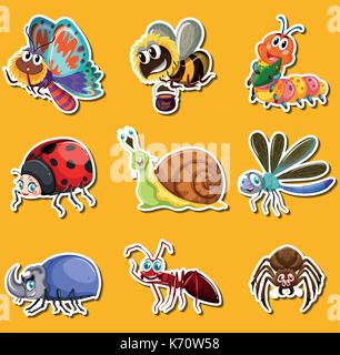 Sticker set with many insects on yellow background illustration Stock Vector