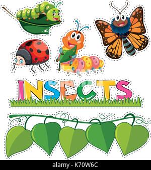 Sticker set with different insects in garden illustration Stock Vector