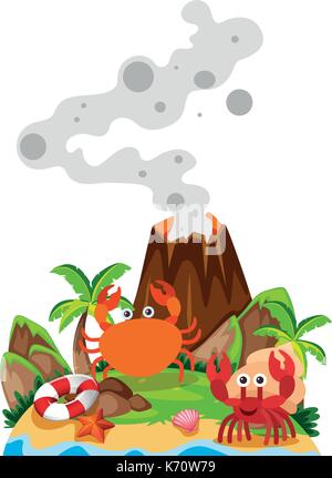 Crabs and volcano on island illustration Stock Vector