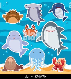 Sticker design with cute sea animals illustration Stock Vector