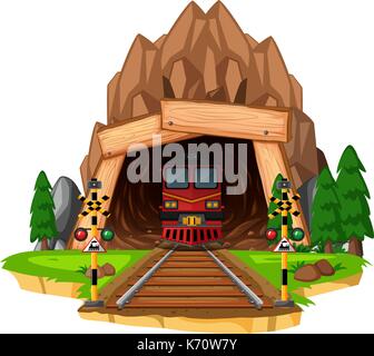 Train ride on the track through tunnel illustration Stock Vector