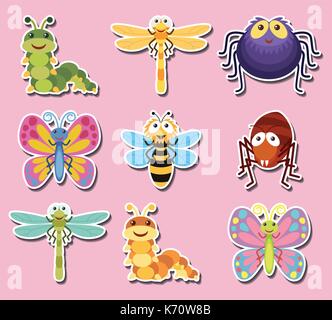 Sticker design with cute bugs and insects illustration Stock Vector