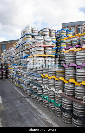 Thousand old Kegs in the brewery stocked. Stock Photo
