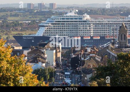 Cruise ship Mein Schiff 3 pictured passing Gravesend on her way to the cruise terminal at Tilbury. Stock Photo