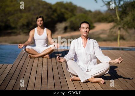 Couple performing yoga at safari vacation on a sunny day Stock Photo