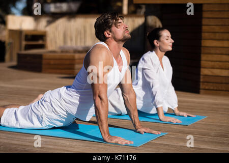 Couple performing yoga at safari vacation on a sunny day Stock Photo