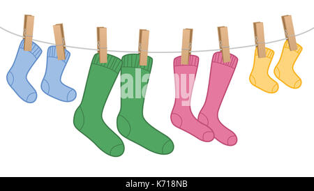 Clothes line with wool socks, family set - different colors and sizes for parents and children. Comic illustration on white background Stock Photo
