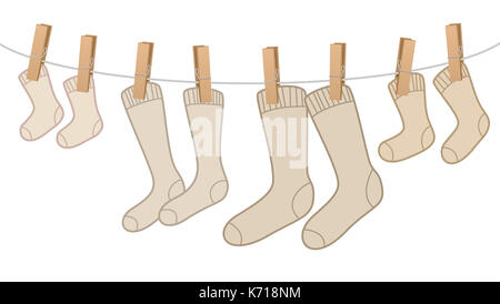 Cotton socks - brown, woolen family pack on clothesline - for mum, dad, kid and baby. Comic illustration on white background. Stock Photo