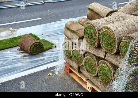 Sod rolls ready to be laid on the road Stock Photo
