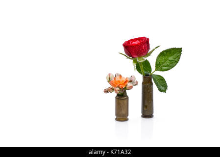 Red rose and orange watercolor flower into a riffle bullets symbolizing flower power against isolated on white Stock Photo