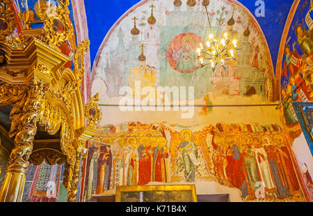 SUZDAL, RUSSIA - JULY 1, 2013: The icons on walls of Nativity Cathedral in Kremlin, it boasts masterpiece paintings and rich decors, on July 1 in Suzd Stock Photo