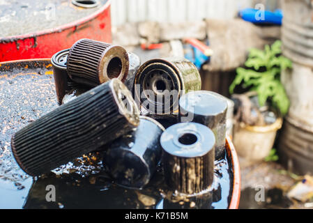 Used oil filters for low depth of field Stock Photo