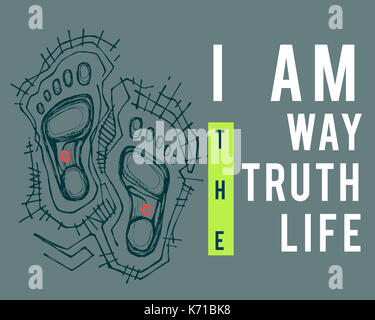 Illustration or drawing of the phrase: I am the way the truth the life, and the feet of Jesus Christ Stock Photo