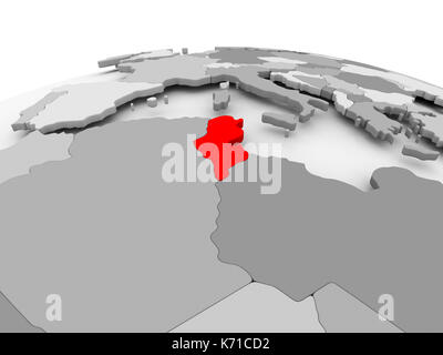 Tunisia in red on grey model of political globe. 3D illustration. Stock Photo